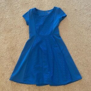 Deep sky blue fit-and-flare dress.